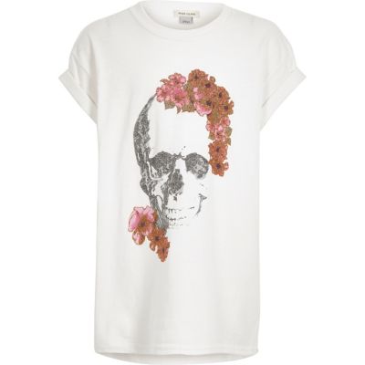 Girls white glitter floral skull pint T-shirt